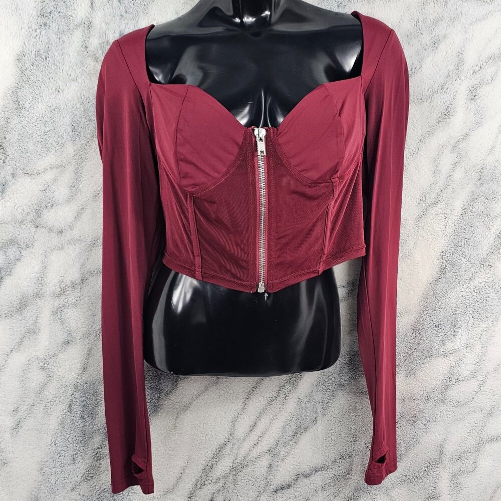 Poster Grl Dolls Kill XXL Sheer Mesh Long Sleeve Bustier Corset Crop Top Red
